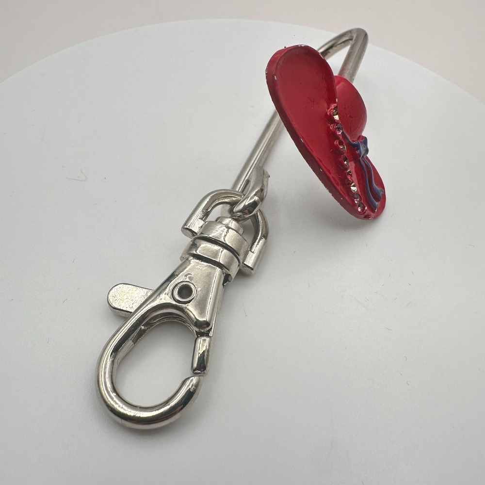 Vintage 90s Silver Tone Red Hat Society Purse Hook Key Finder Enamel Glass - Picture 5 of 7